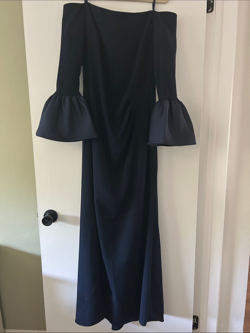 Elegant Navy Off-Shoulder Bell-Sleeve Evening Dress